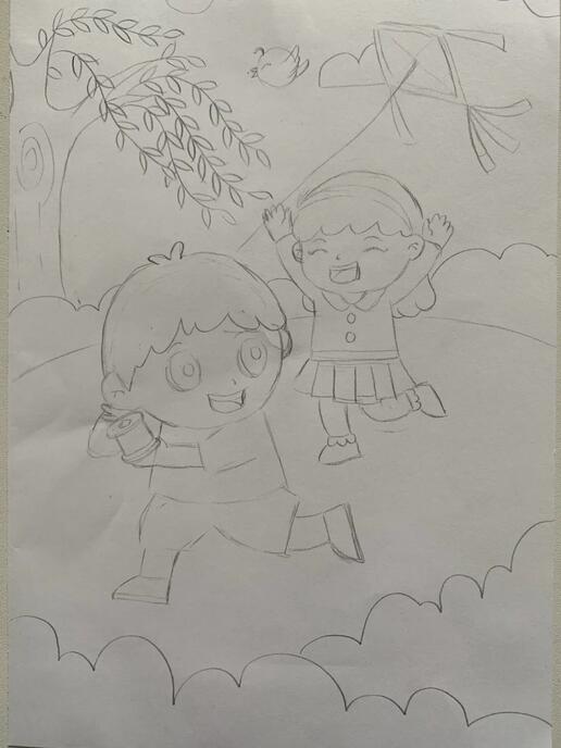 7一9岁儿童画《小孩放风筝》7一9岁儿童画《小孩放风筝》