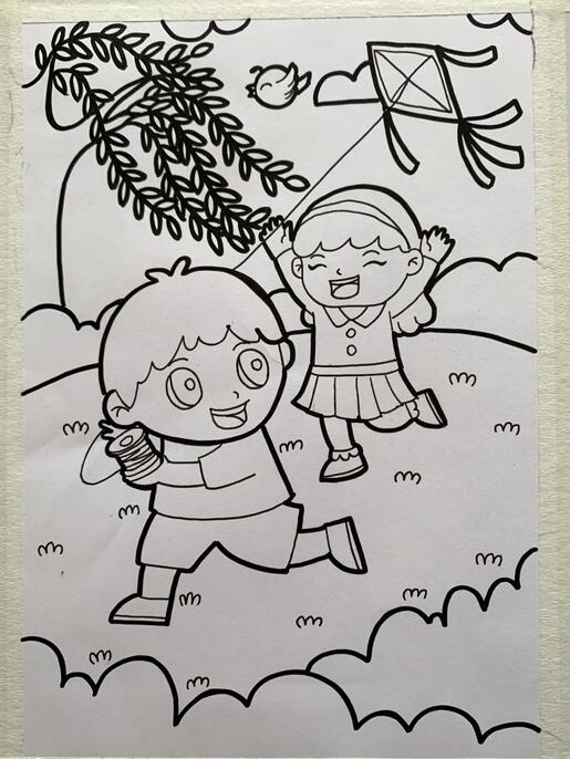 7一9岁儿童画《小孩放风筝》