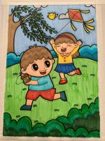 7一9岁儿童画《小孩放风筝》