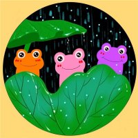 少儿创意水粉画作品《下雨天的小青蛙》
