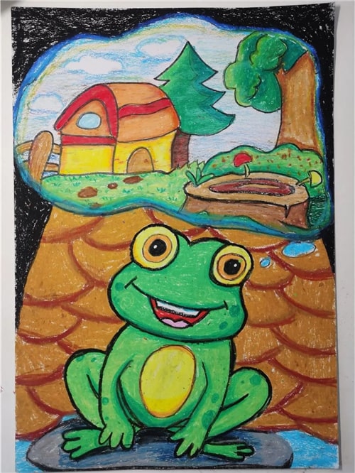少儿创意水粉画作品《下雨天的小青蛙》