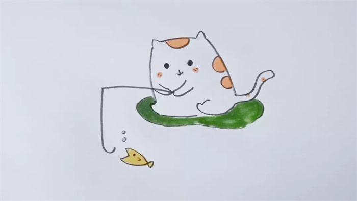 幼儿简笔画小猫钓鱼