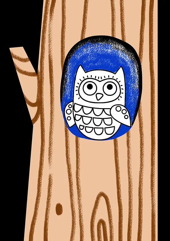 少儿美术课程 粘贴画《树洞里的猫头鹰》