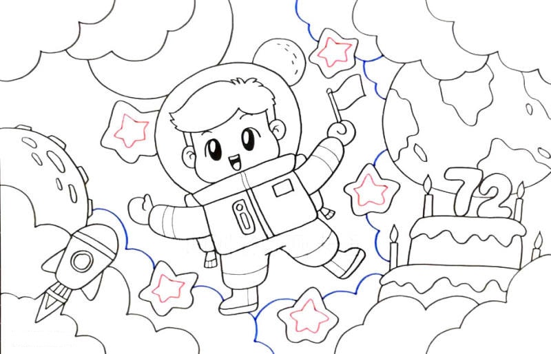 国庆节宇航员祝福祖国儿童简笔画
