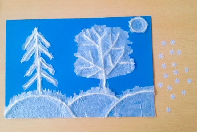 纸巾拼贴画冬天积雪的大地风景画