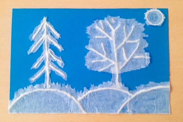 纸巾拼贴画冬天积雪的大地风景画