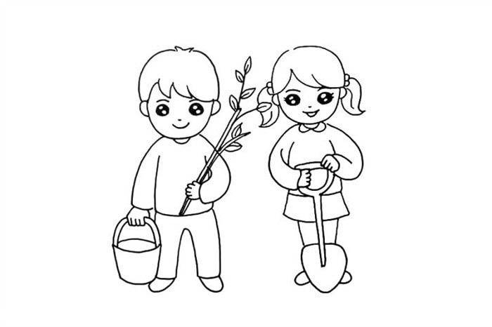 植树节儿童简笔画小男孩小女孩