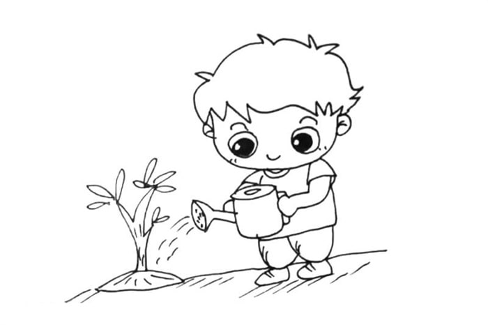 植树节简笔画 小男孩给小树浇水