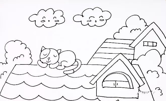 屋顶上的小猫咪儿童简笔画教程