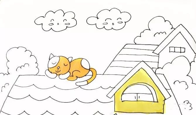 屋顶上的小猫咪儿童简笔画教程