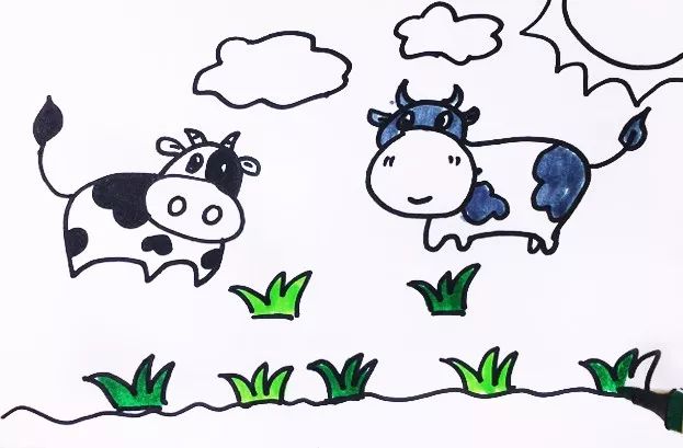 河边两只小奶牛儿童简笔画教程