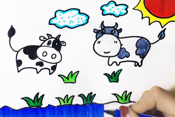 河边两只小奶牛儿童简笔画教程