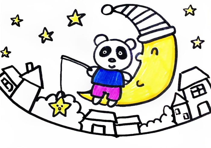 小熊猫钓星星儿童简笔画图片