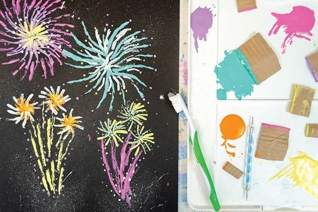 儿童画国庆节：纸板印画烟花