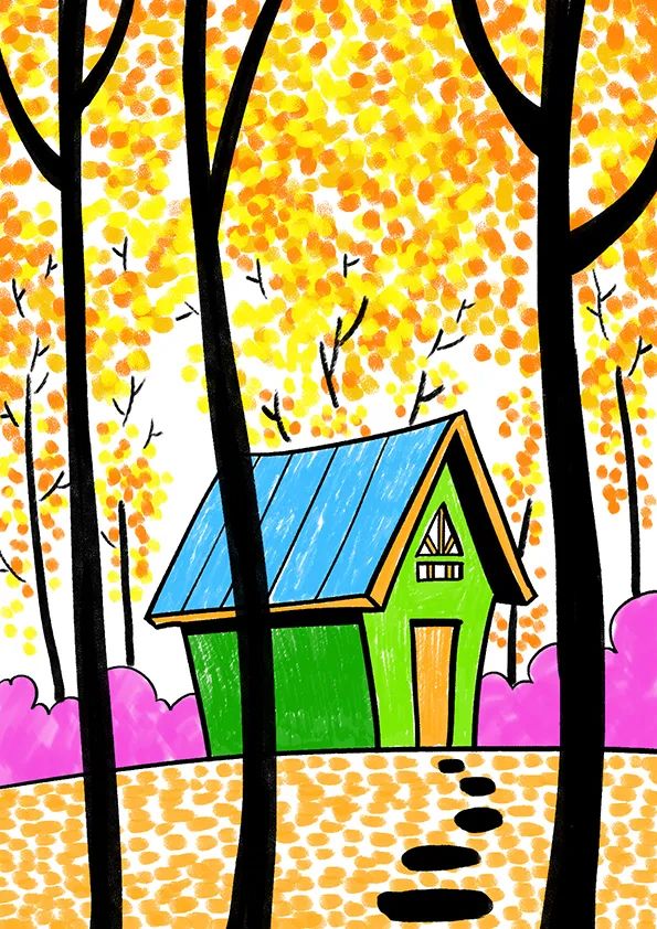 画一幅秋天的画《林间小屋》