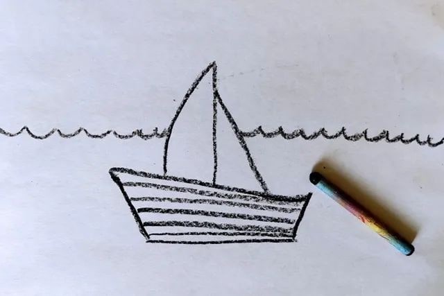 儿童学画画：蜡笔和水彩画落日海面
