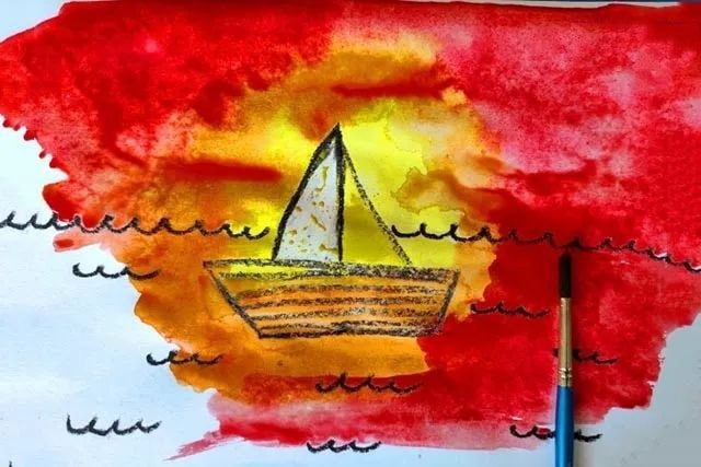 儿童学画画：蜡笔和水彩画落日海面