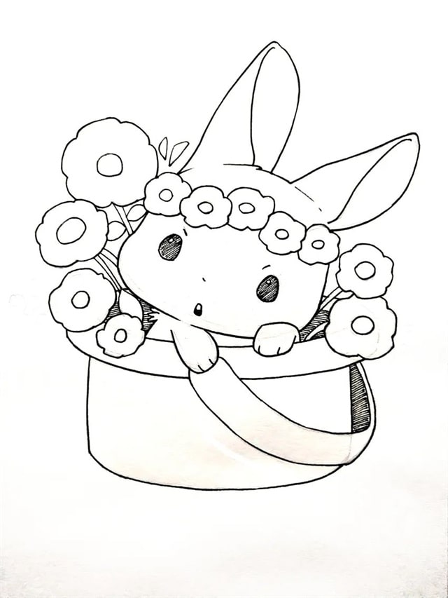 2023兔年画兔儿童简笔画《花篮萌兔》