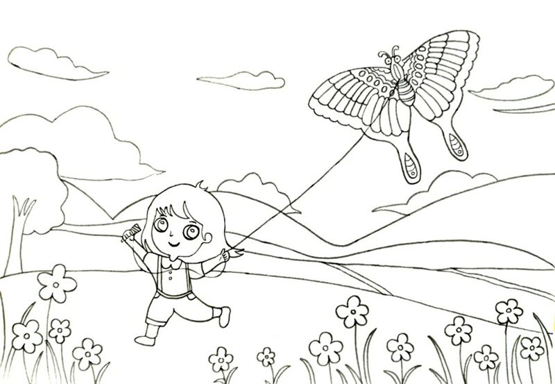 春日小女孩放风筝简笔画绘画步骤