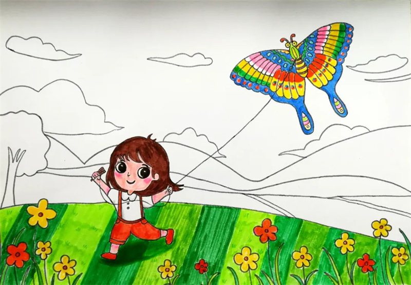 春日小女孩放风筝简笔画绘画步骤
