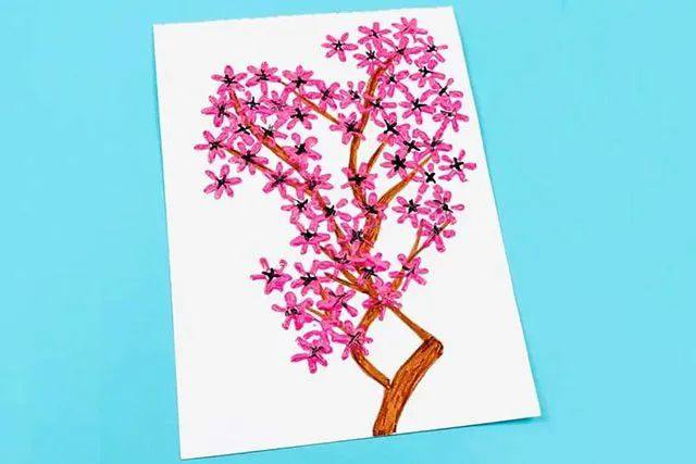 幼儿学画画：吸管印画春天的树(