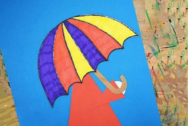 幼儿创意下雨天手工：拼贴画撑着伞的小女孩