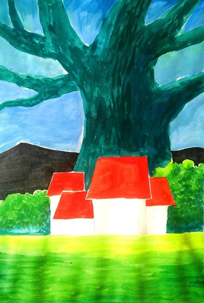 水粉风景画技法教程《大树下的小屋》