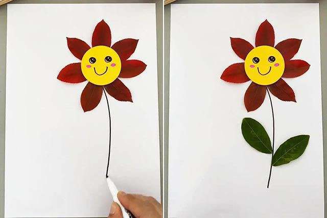 创意树叶画手工贴画：叶子简单拼画好看的花朵