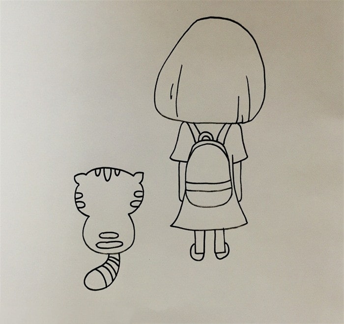 小女孩和猫背影简笔画教程图片