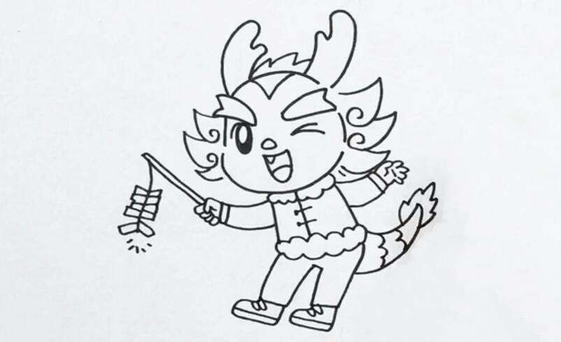 龙年拿着鞭炮的可爱小龙卡通简笔画教程图片