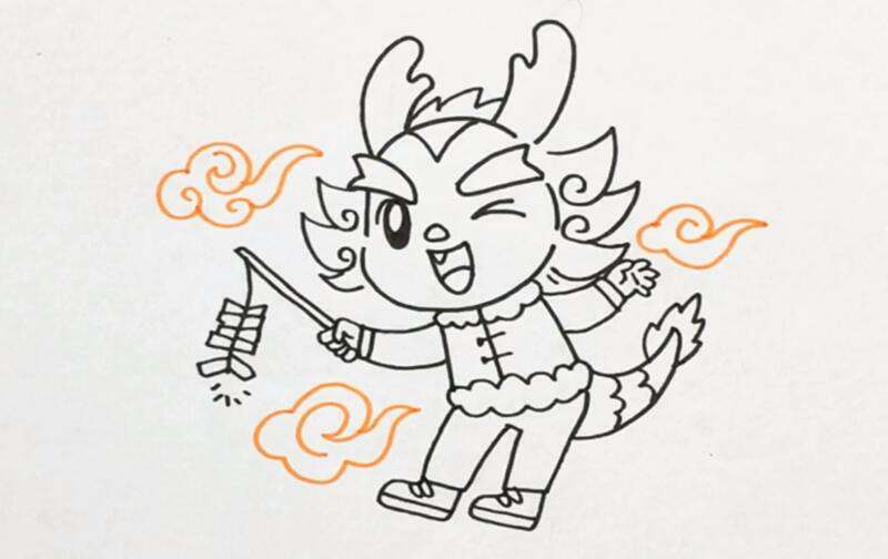龙年拿着鞭炮的可爱小龙卡通简笔画教程图片