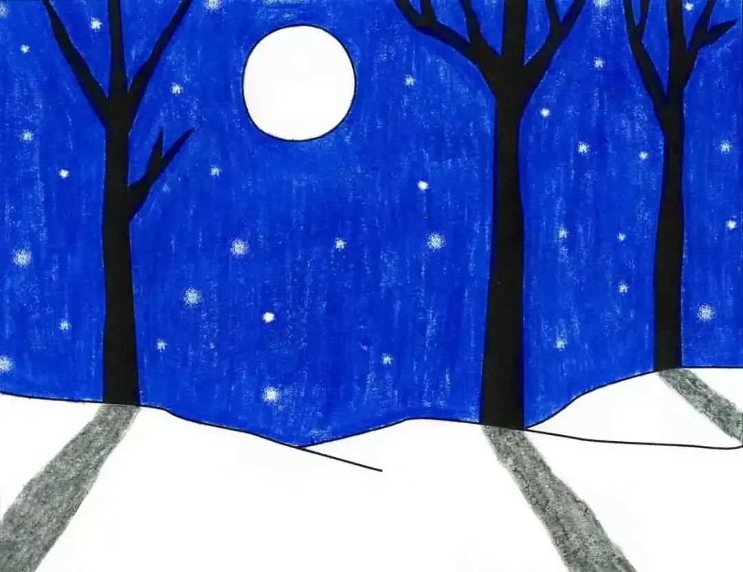 儿童冬季风景画简单又漂亮《月亮下的雪景》
