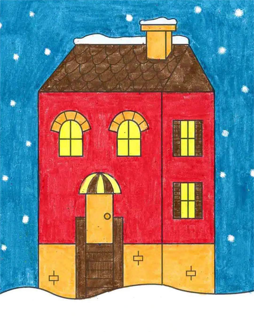 冬天雪里的房屋简笔画