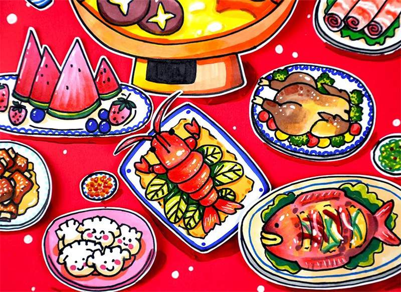 春节主题创意美术儿童画《春节传统习俗之年夜饭》