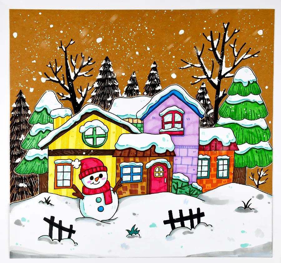 冬天的乡村房屋雪景图片简笔画