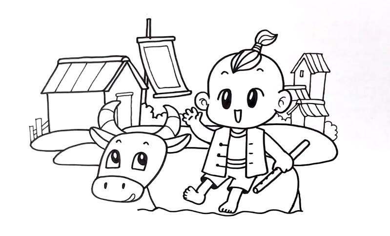 清明节儿童画，画出可爱的牧童骑黄牛