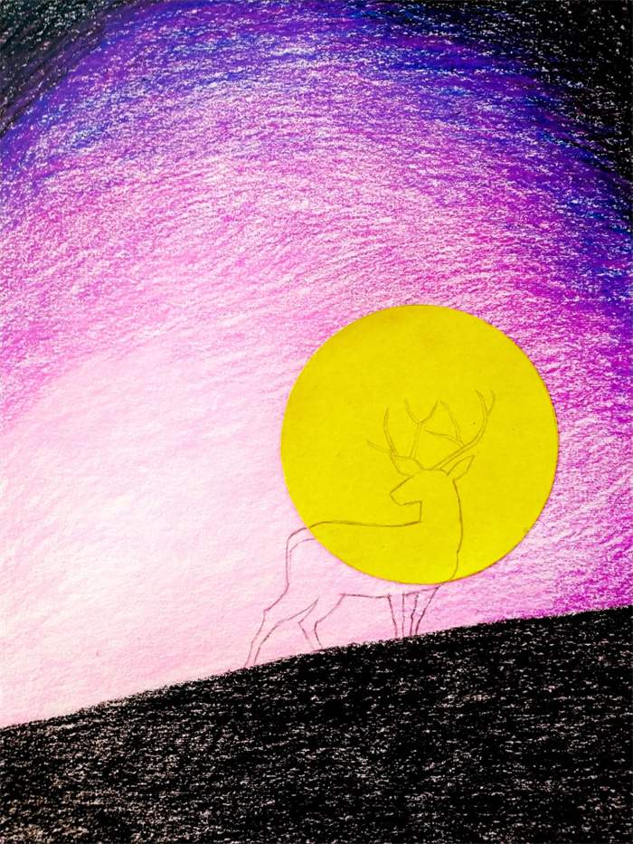 少儿美术课程 油画棒+剪影技法《星空下的驯鹿》