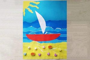 简单手工撕纸贴画大海中的帆船(步骤图解)